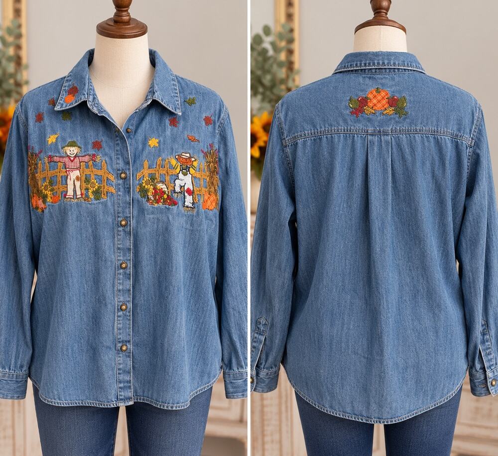 Karen Scott II 1X Embroidered Fall Denim Shirt Scarecrow Pumpkin Harvest